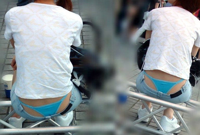 【街撮り素人】パンツからTバックが丸見えになっているところを激写！